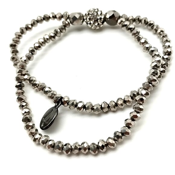 Liz Claiborne Silver Tone Double Strand Stretch Bracelet with Pave Crystal Bead - Picture 11 of 11